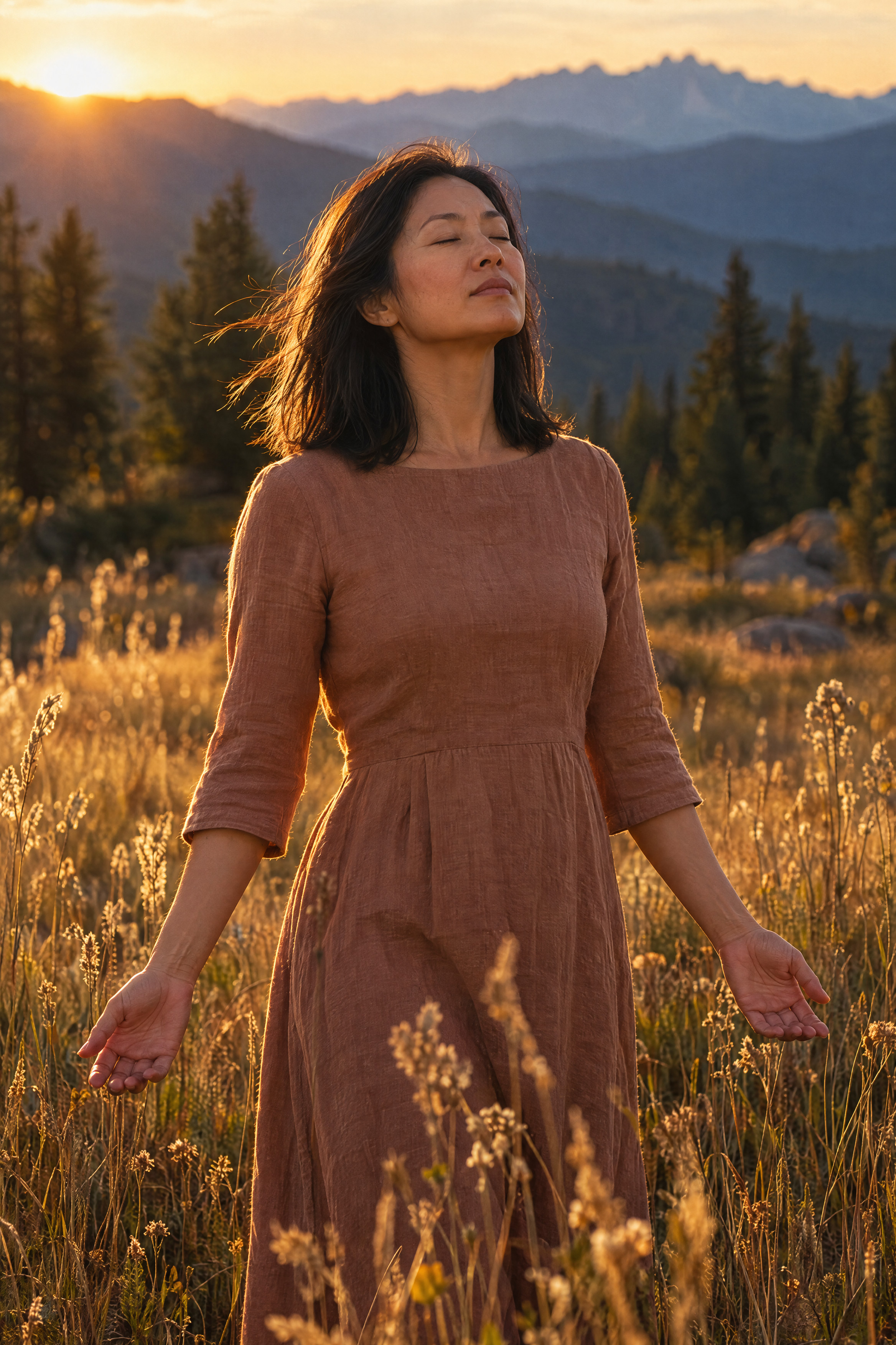 A woman in her forties standing in a sunlit meadow, eyes closed, arms open and relaxed