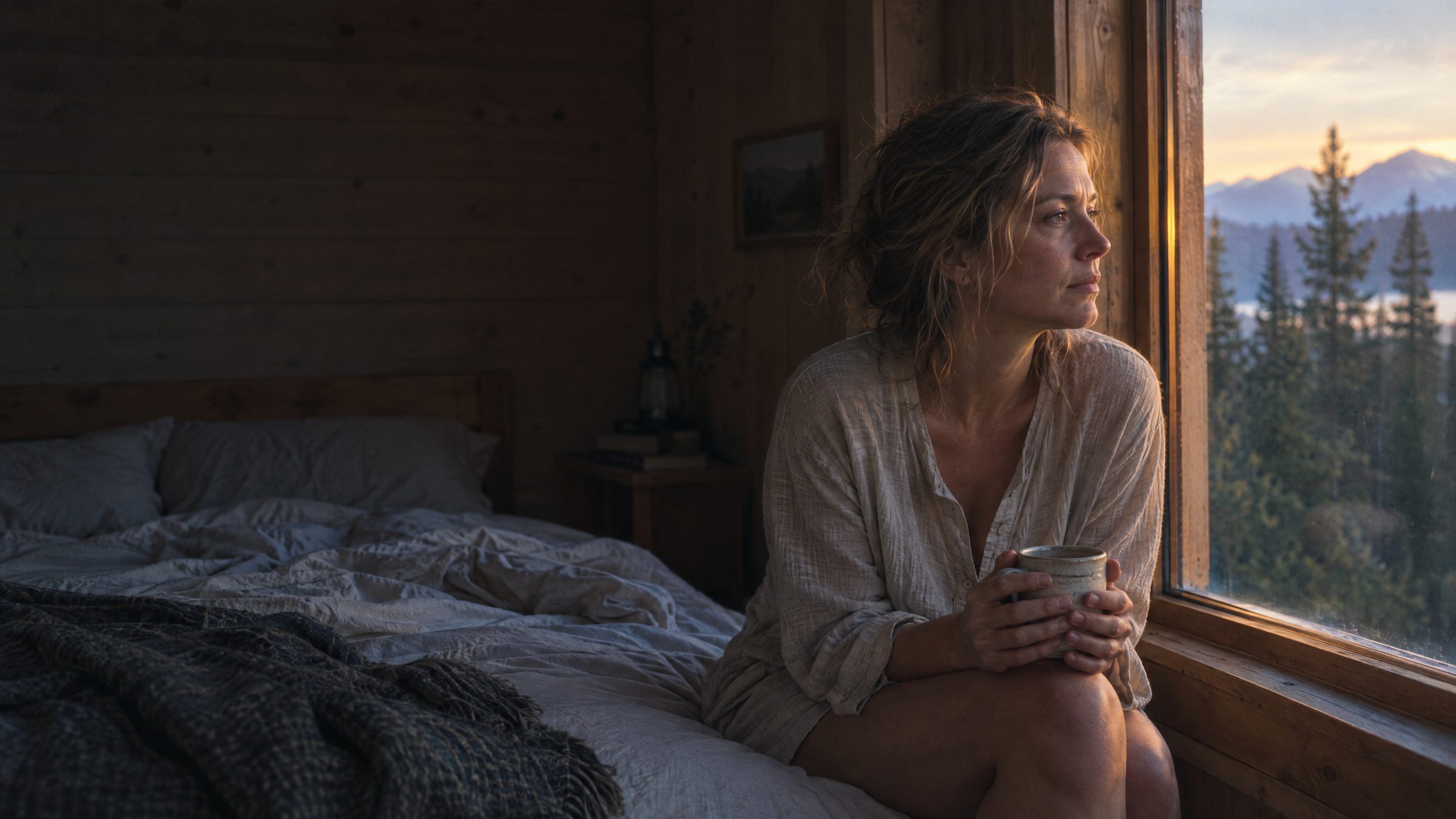 A woman in her late thirties sitting on the edge of an unmade bed at first light, holding a mug, looking out a cabin window at pines and mountains
