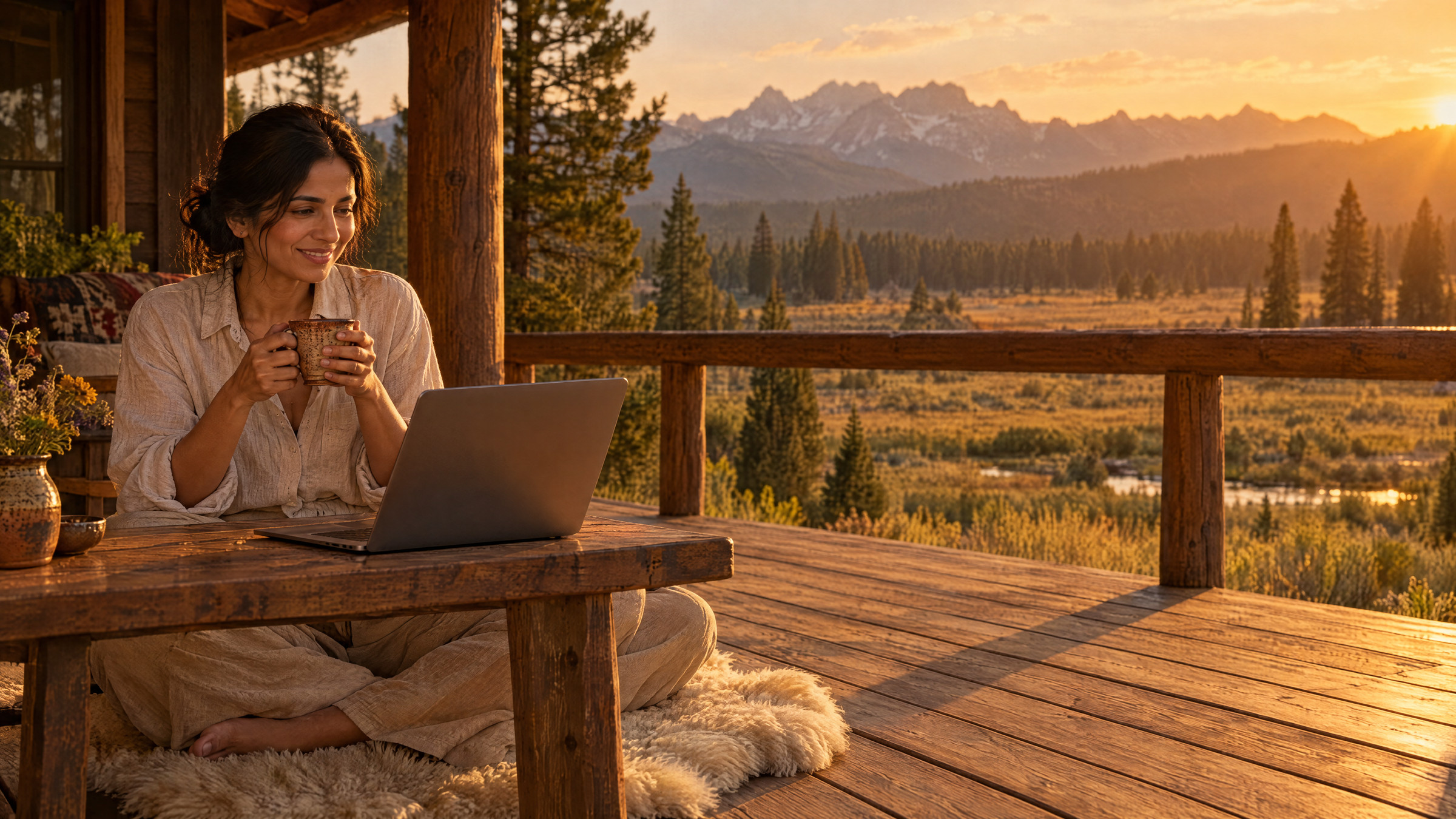 A woman sitting on a deck above a golden meadow at sunset, joining a live webinar on her laptop