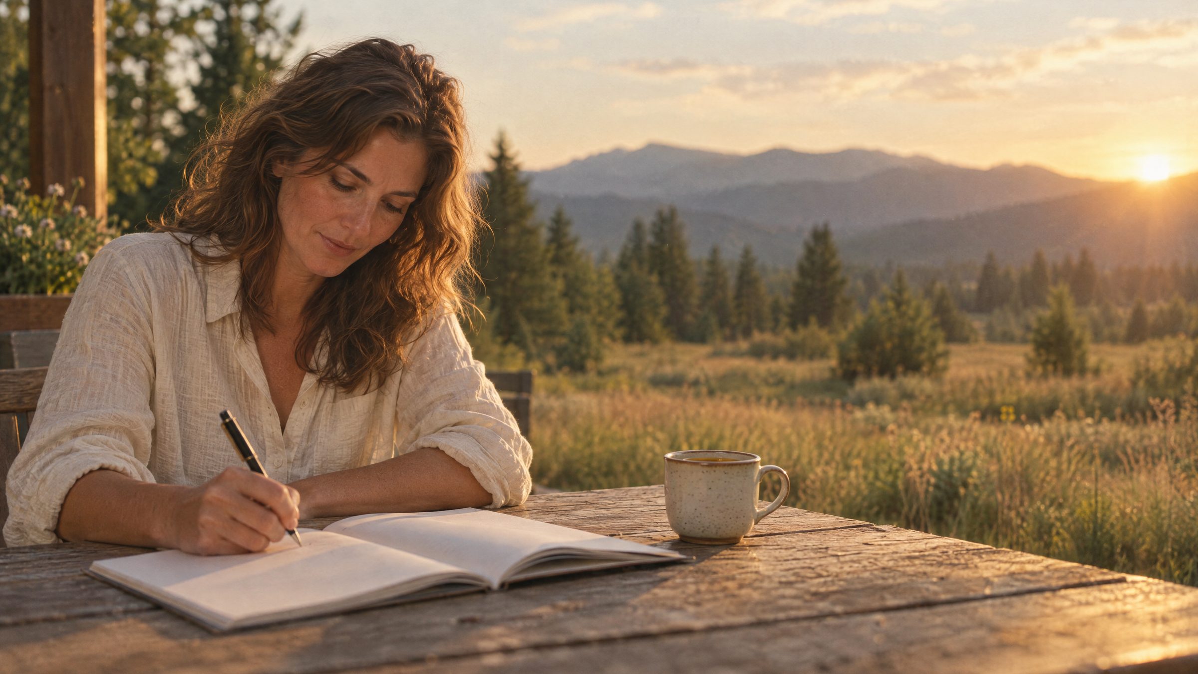 A woman in her late thirties writing in an open workbook at a wooden table on a deck, a cup of tea beside her, meadow and mountains beyond