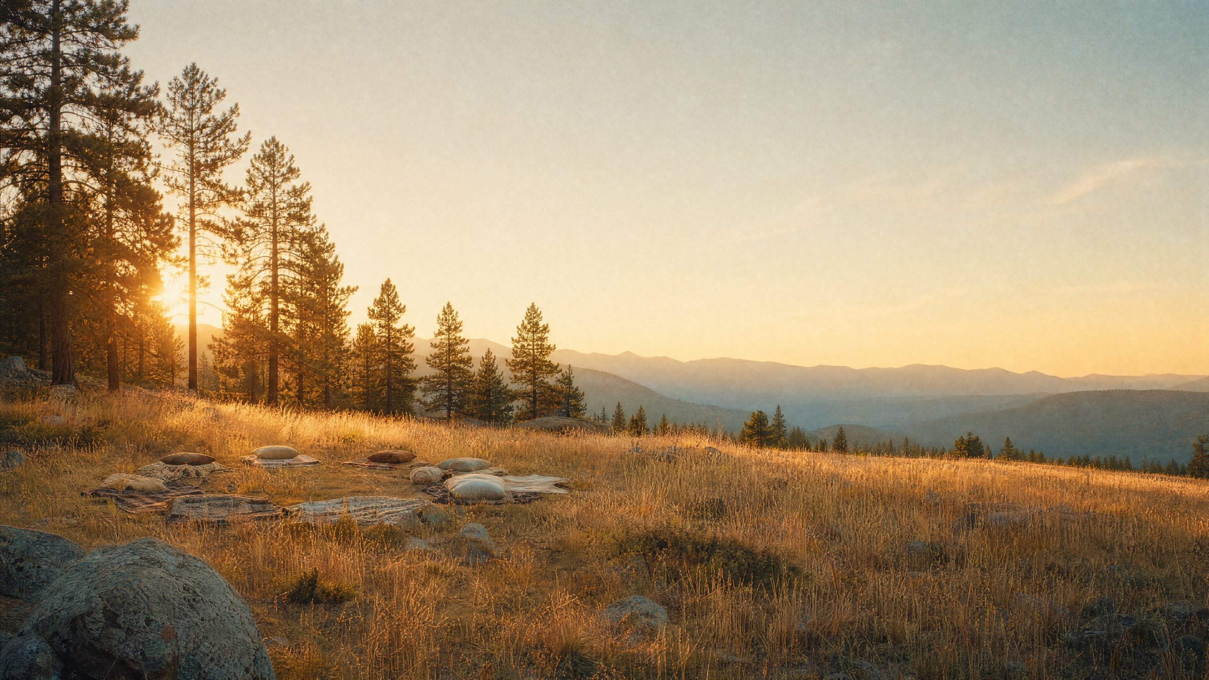 A circle of cushions and blankets in a meadow at golden hour, pines and mountains beyond