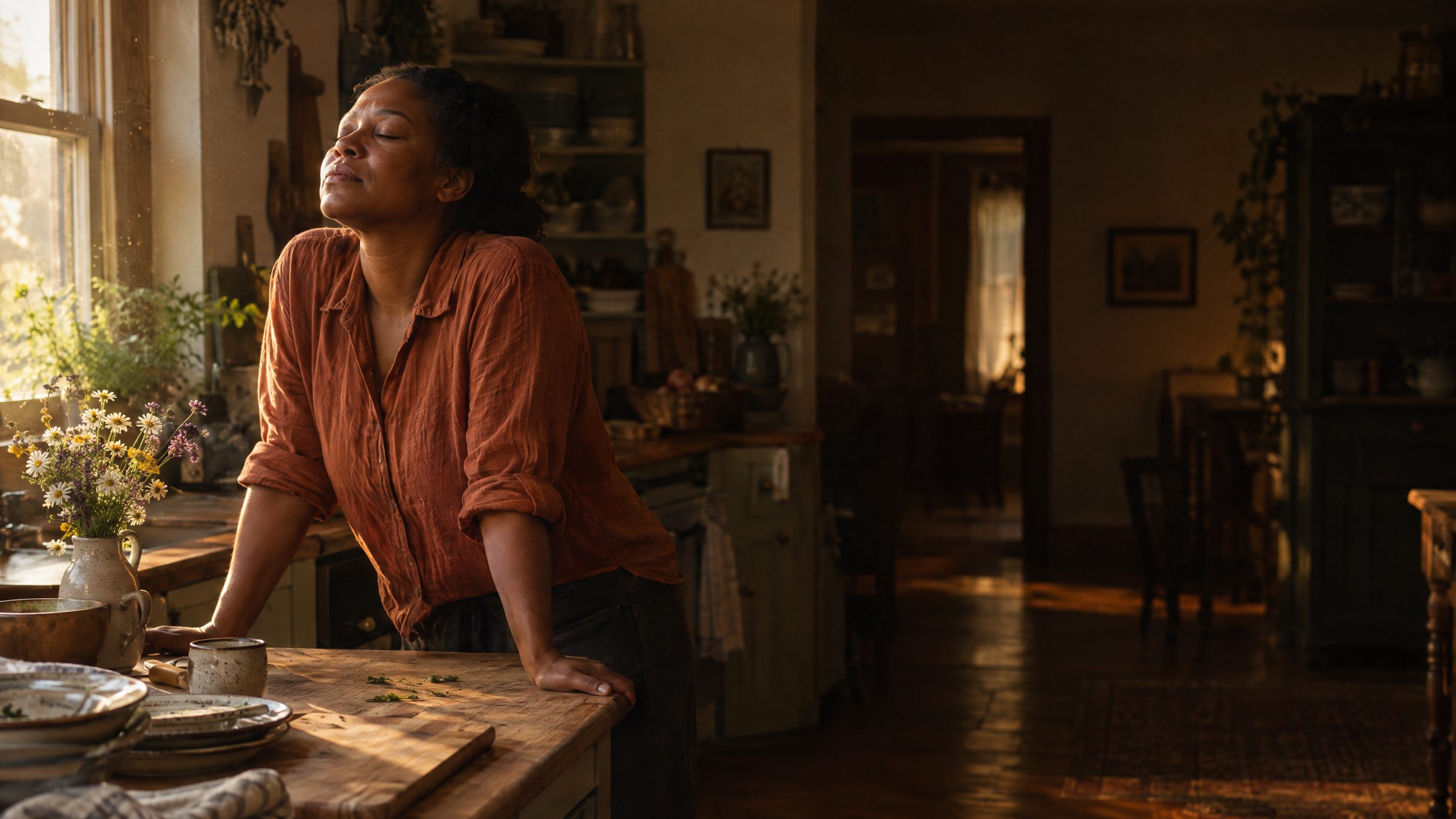 A woman in her late thirties leaning on a farmhouse kitchen counter in evening light, eyes closed, taking a breath