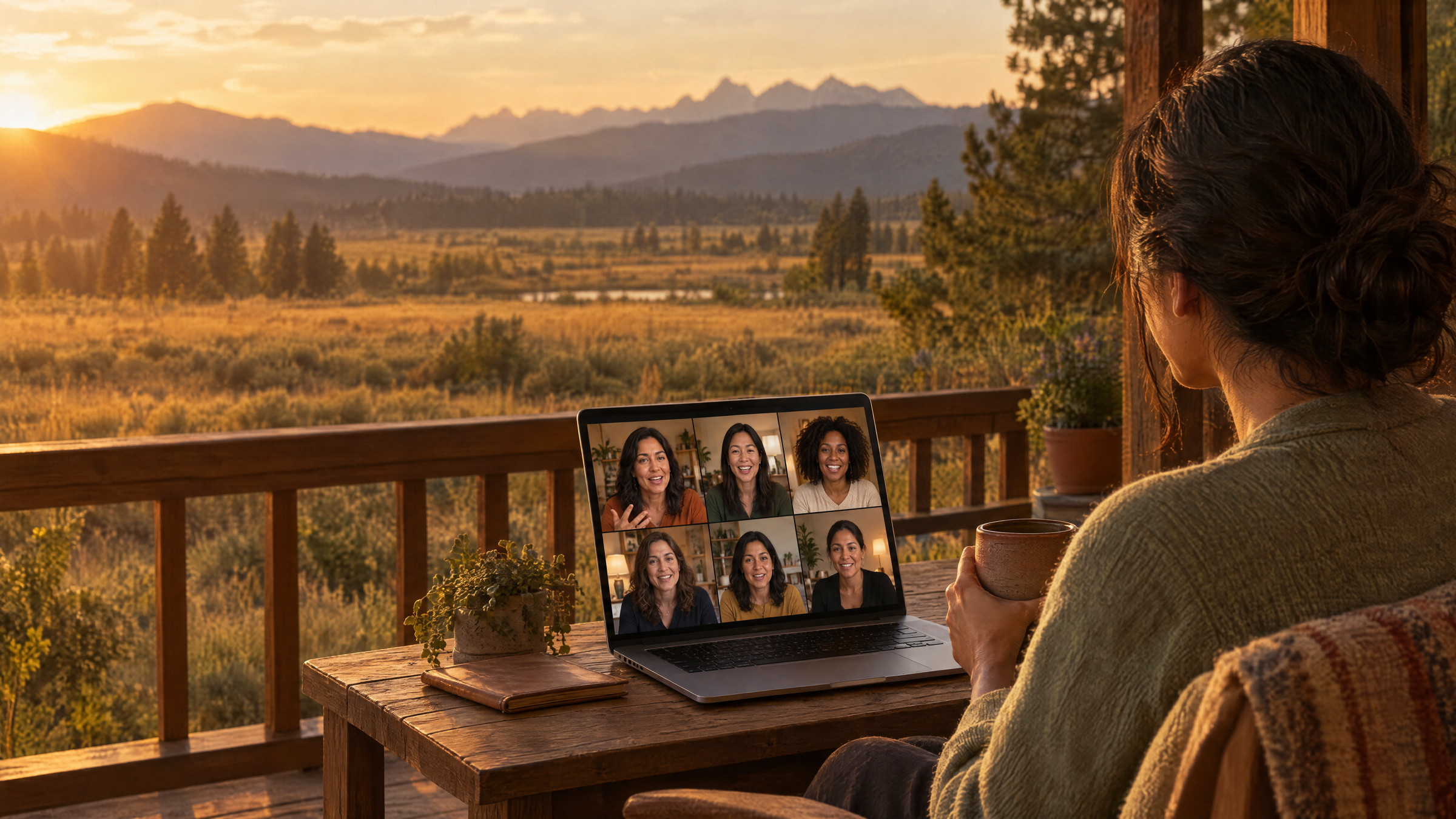 Seen over her shoulder, a woman on a porch at golden hour watching a live video call of six women on her laptop, meadow beyond