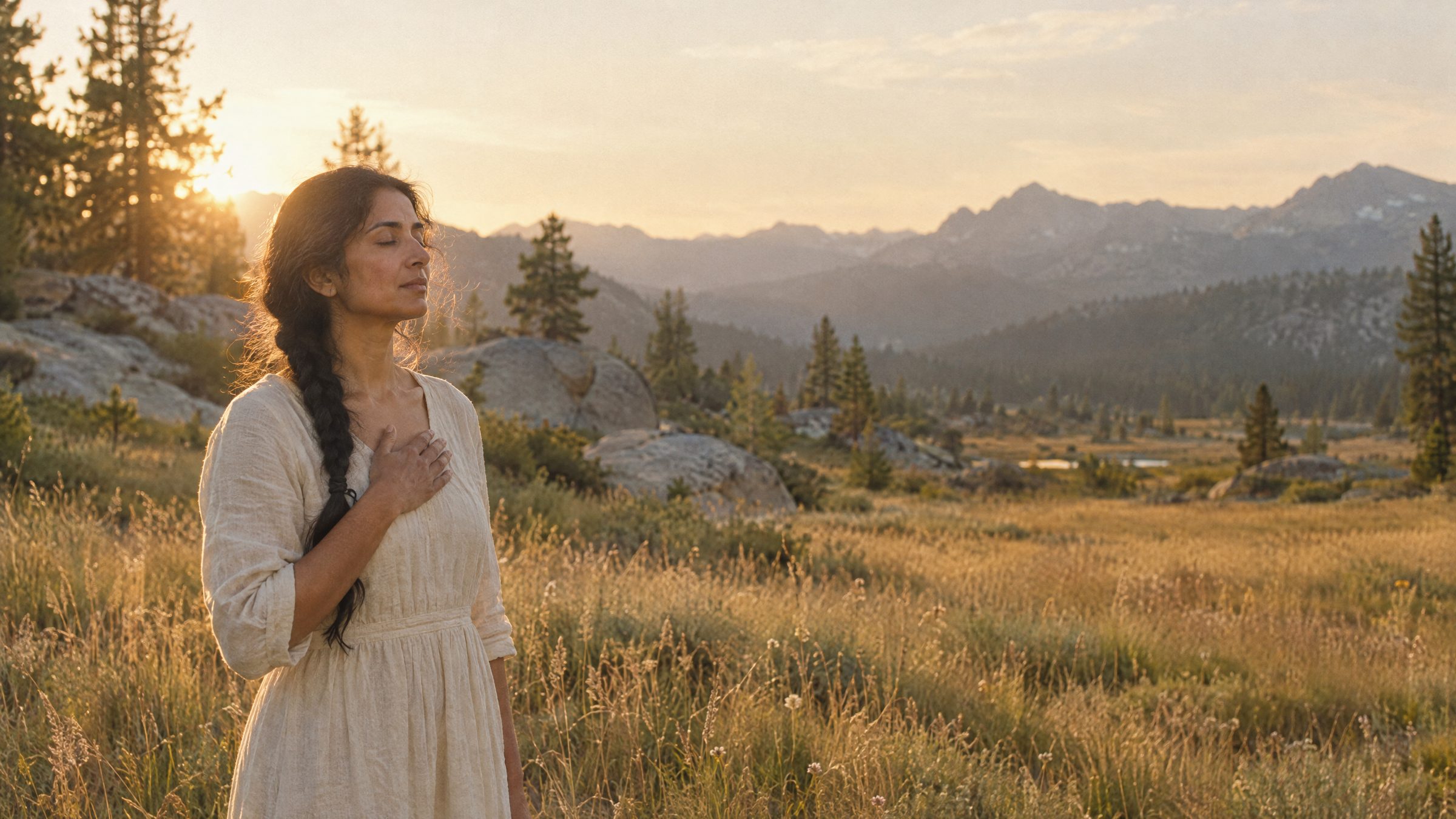 A woman in her late thirties standing in a golden meadow at sunset, one hand on her chest, eyes softly closed