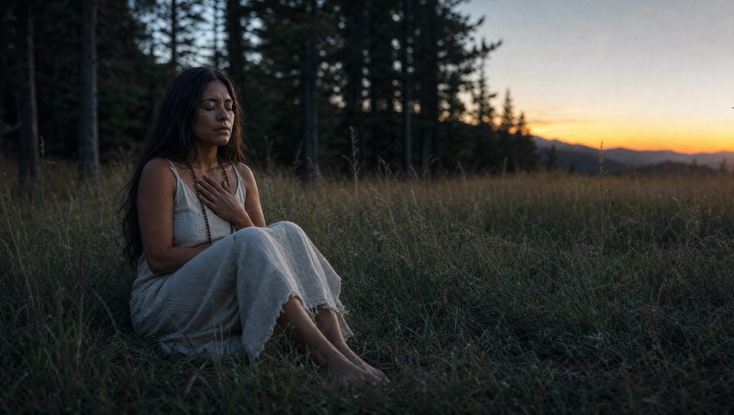 A woman sitting cross-legged in tall meadow grass at dusk, one hand resting on her heart