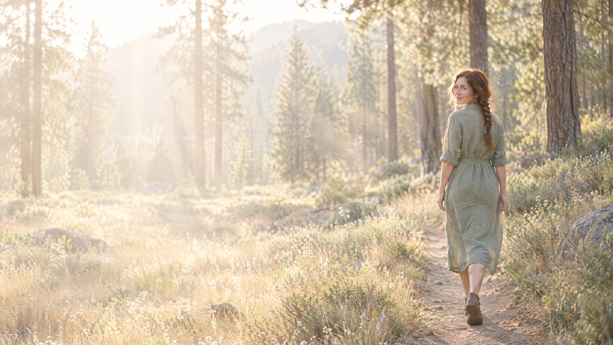A woman in her late thirties with a long auburn braid, in a sage-green linen dress, walking a sunlit path through tall pines and smiling back over her shoulder
