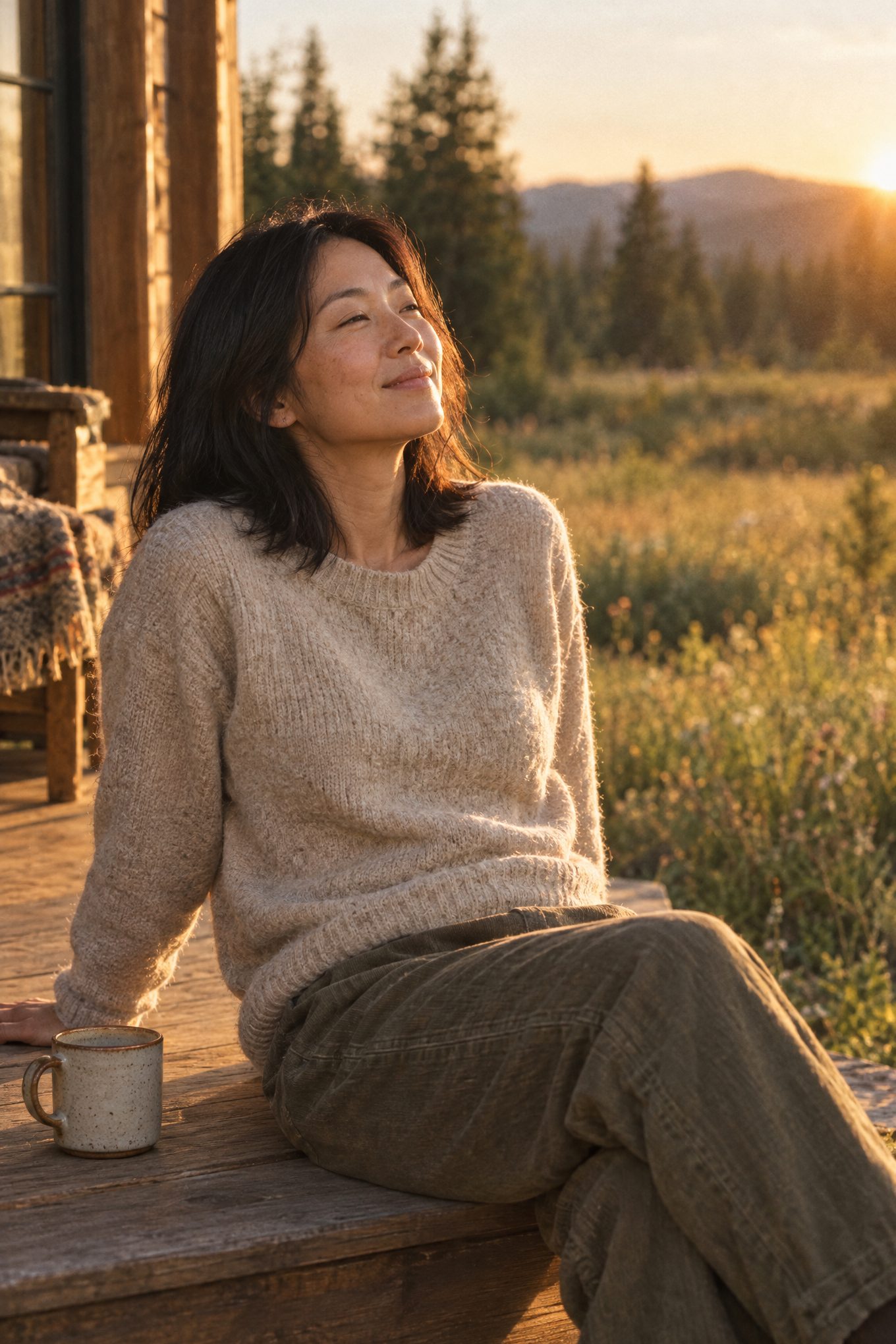 A woman in her late thirties sitting on a sunlit porch step beside a mug, leaning back on her hands, eyes half closed, smiling