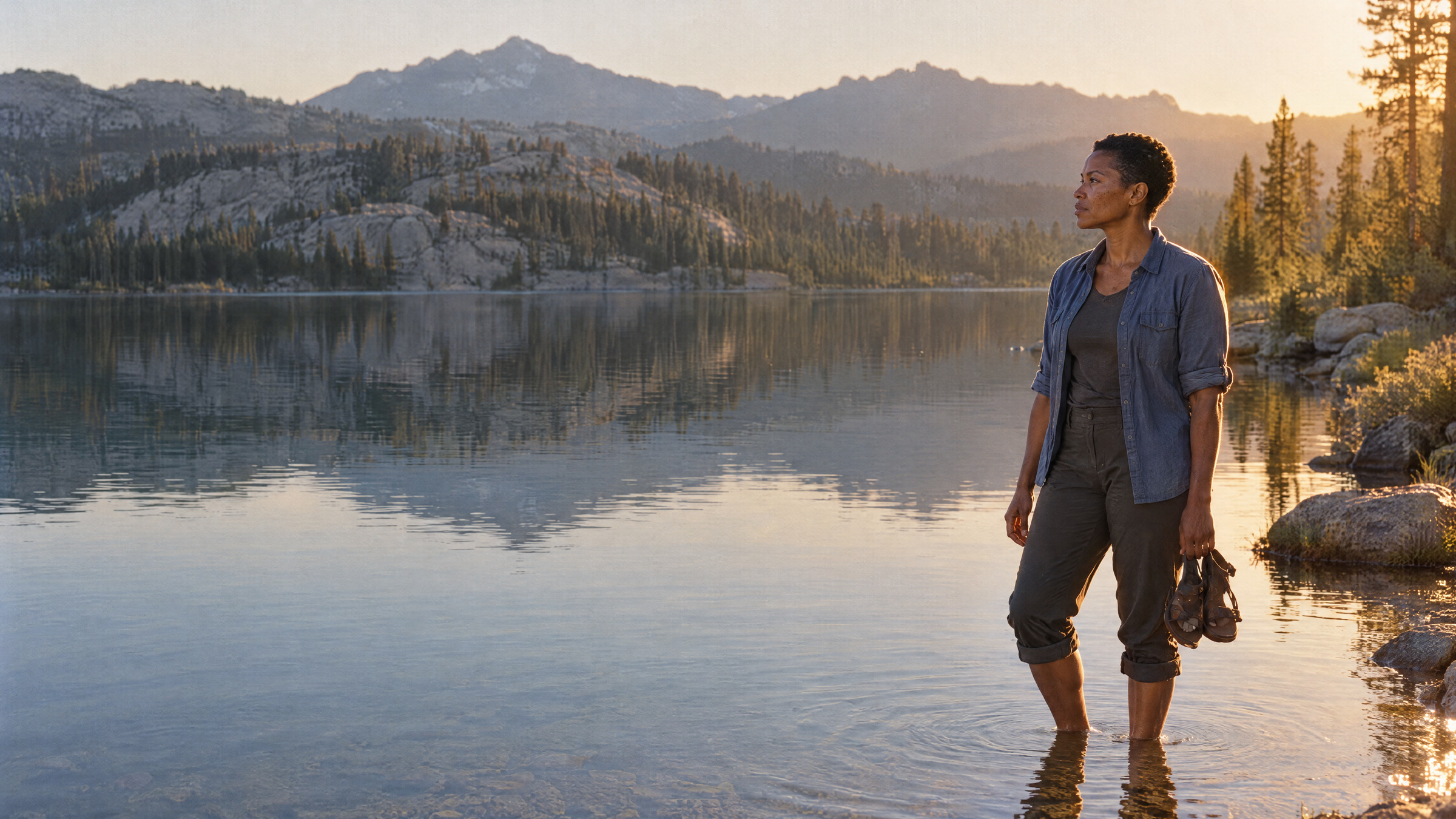 A woman standing at the edge of an alpine lake at golden hour, sandals in hand, looking out across the water