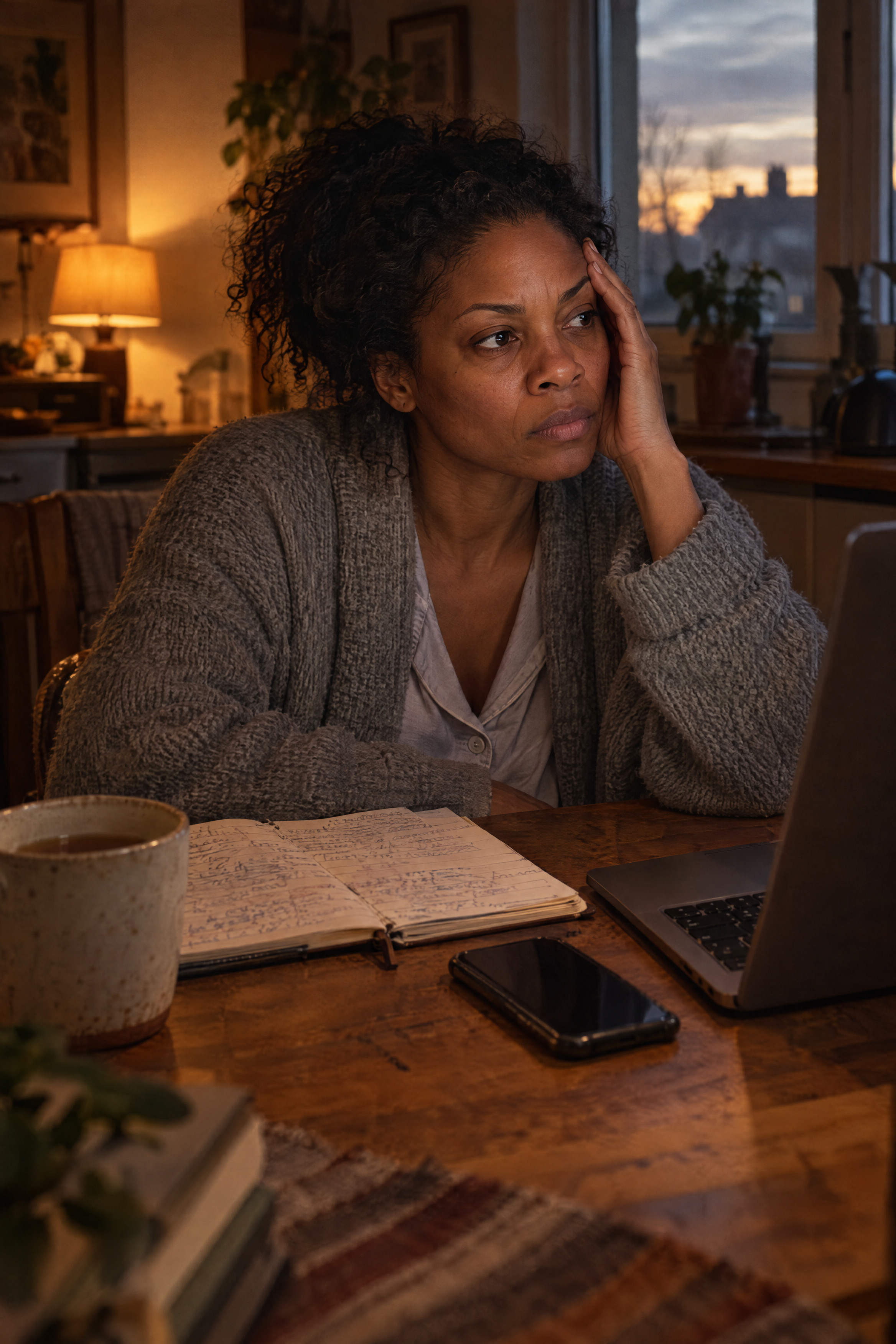 A woman at a kitchen table before dawn, hand pressed to her temple, laptop and planner open, tea gone cold