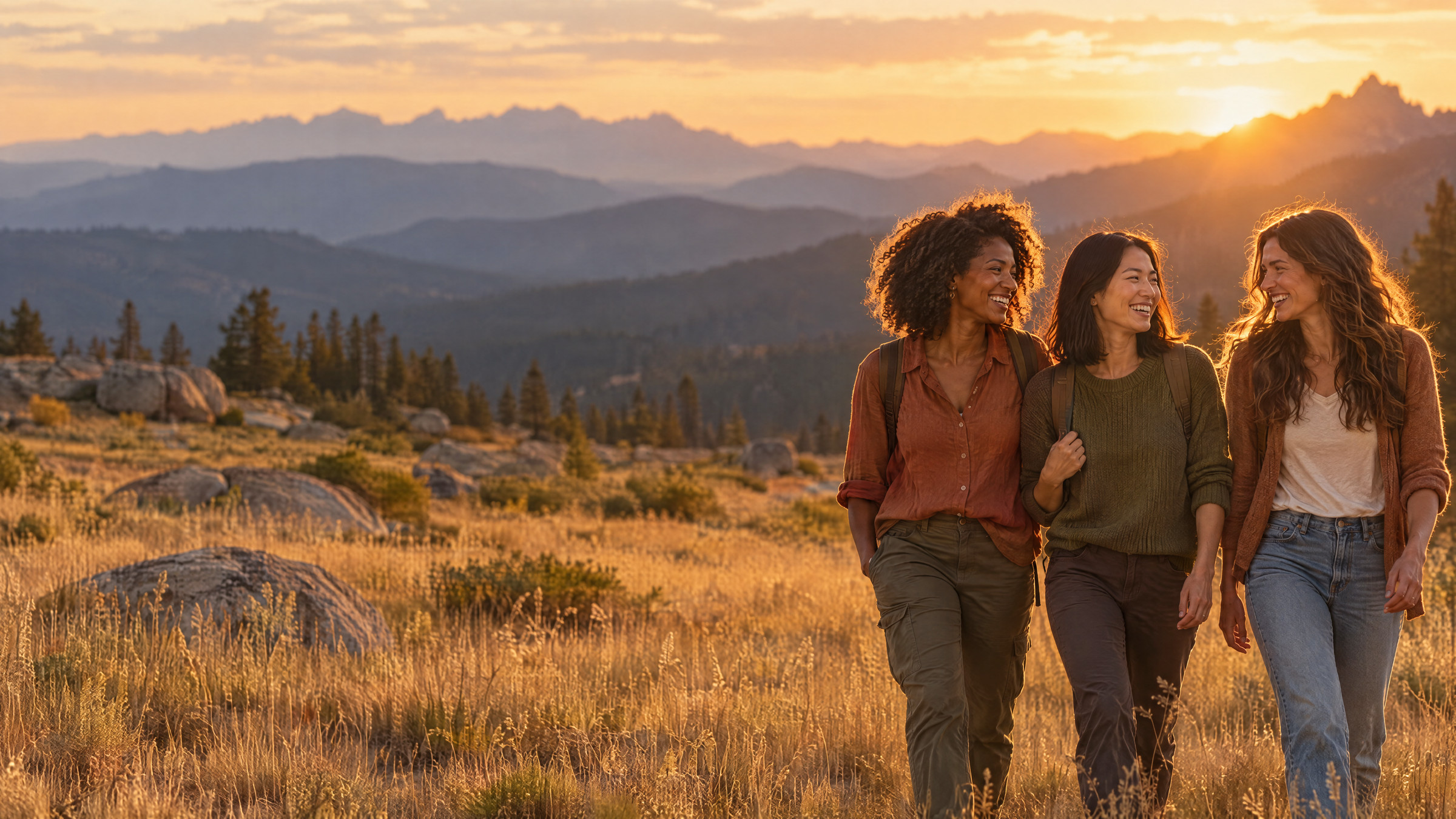 Three women in their late thirties walking together through a high Sierra meadow at golden hour