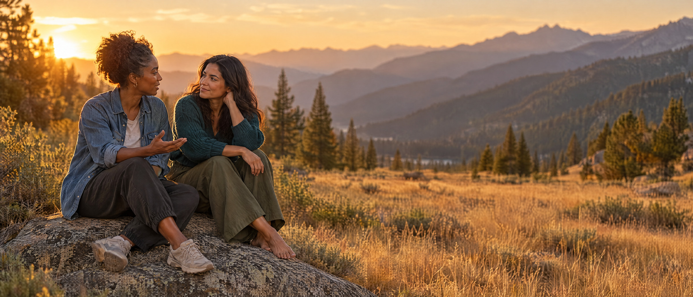 Two women in their late thirties sitting together on a boulder at golden hour, deep in conversation